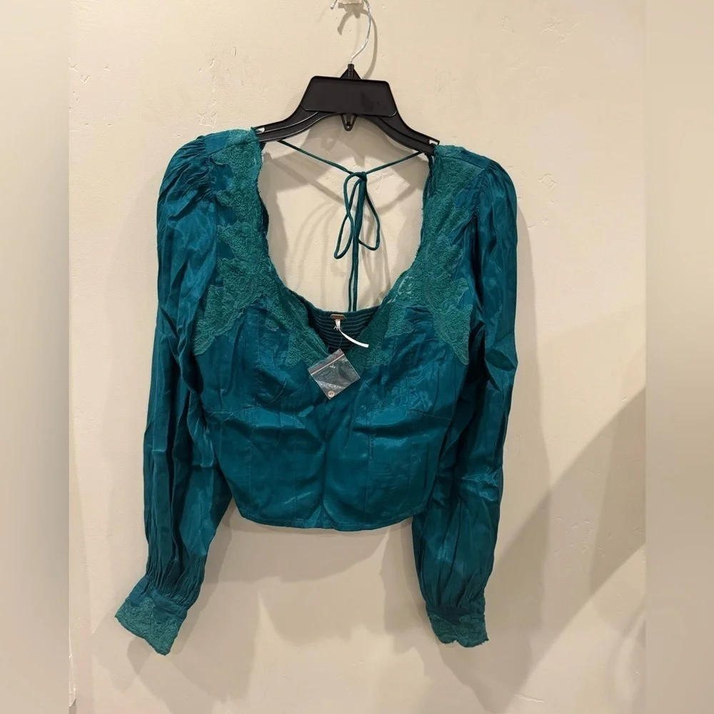 New Free People Janelle Lace Top in Green Jade SZ S 🔥🔥🔥
